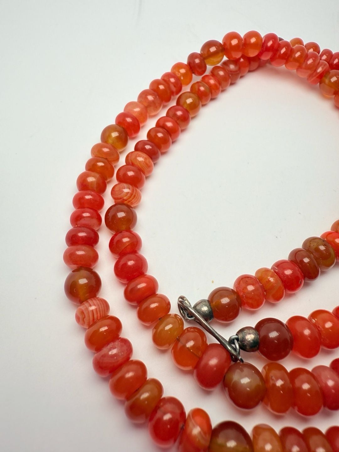 Carnelian Agate Bead Necklace Red Gemstone 925 Silver 33” 11