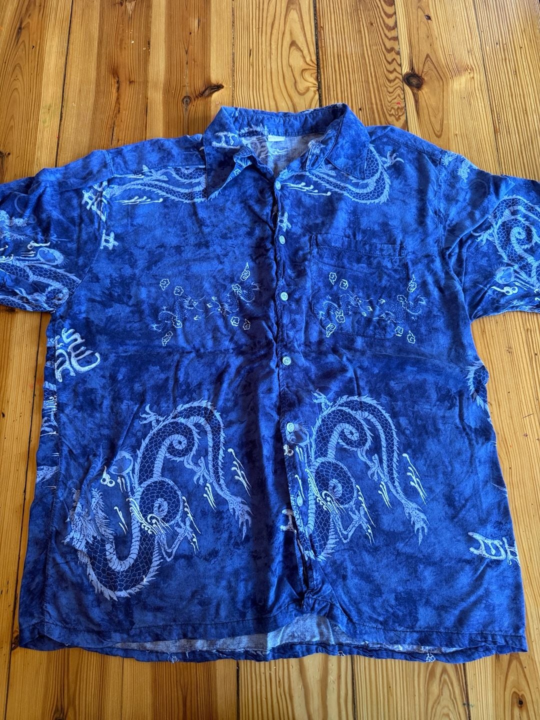 Vintage Dragon Print Blue Short Sleeve Button Down Shirt 2