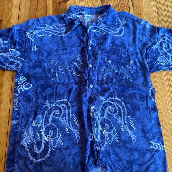 Vintage Dragon Print Blue Short Sleeve Button Down Shirt