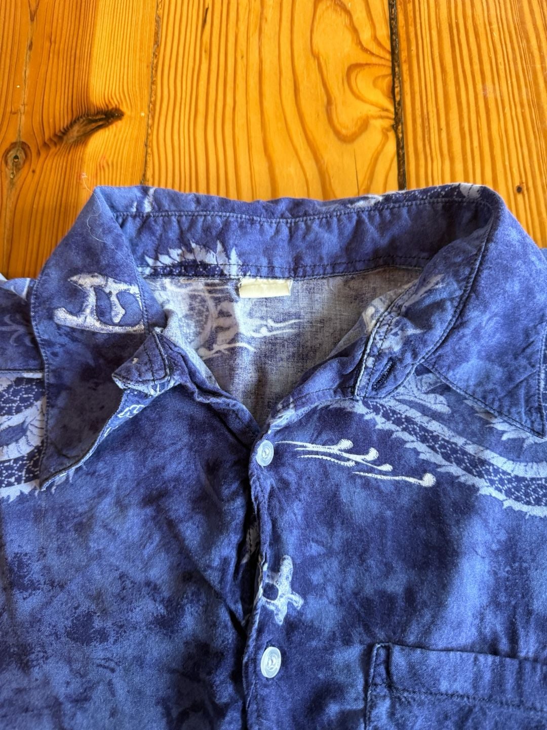 Vintage Dragon Print Blue Short Sleeve Button Down Shirt 6