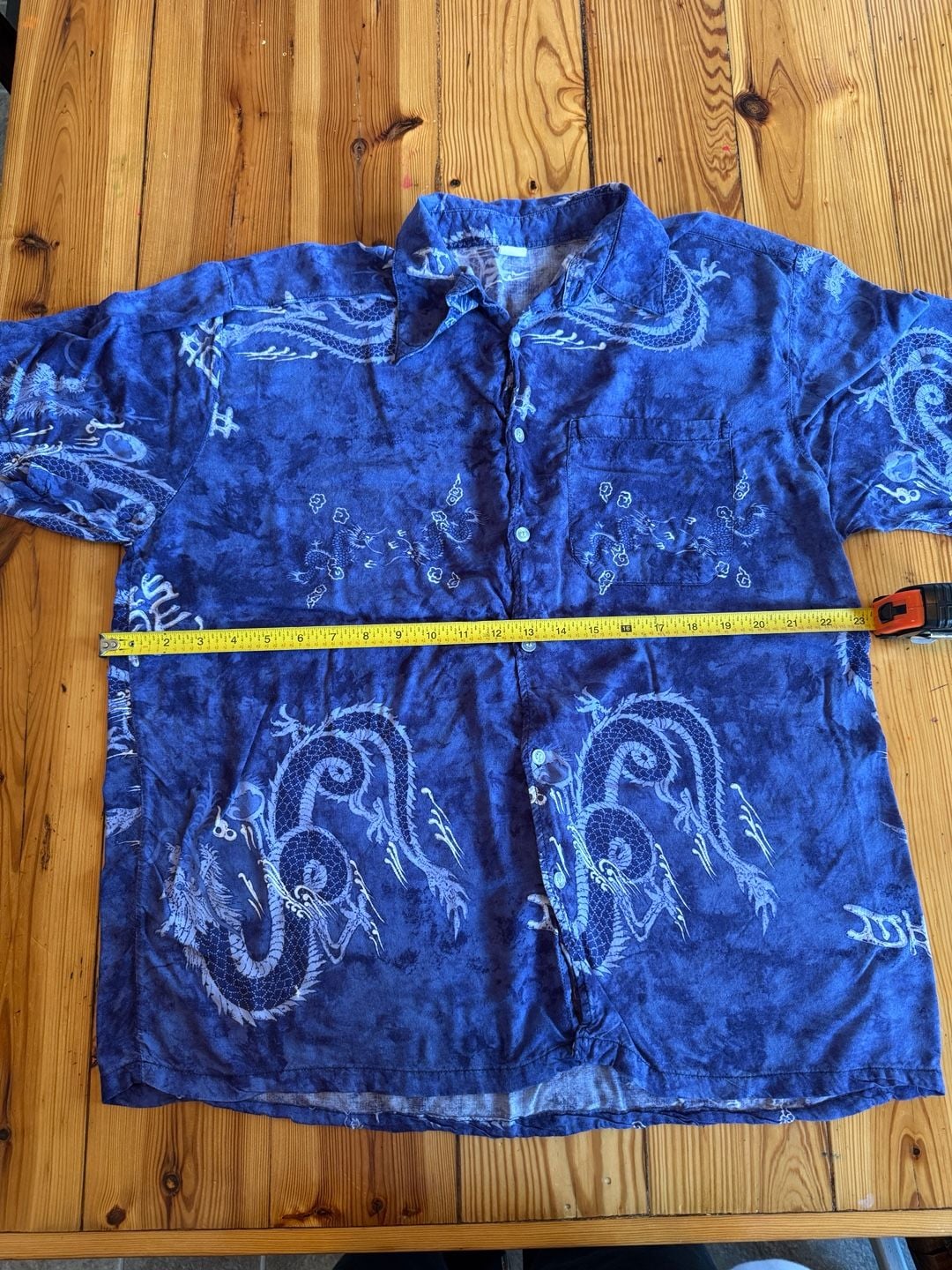 Vintage Dragon Print Blue Short Sleeve Button Down Shirt 7
