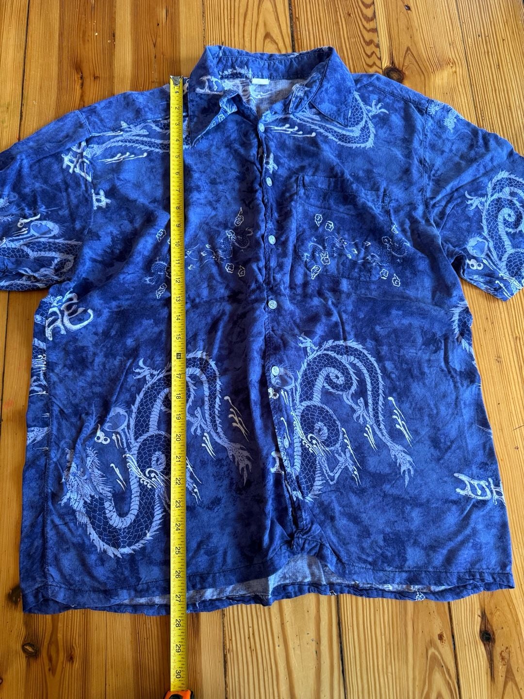 Vintage Dragon Print Blue Short Sleeve Button Down Shirt 8