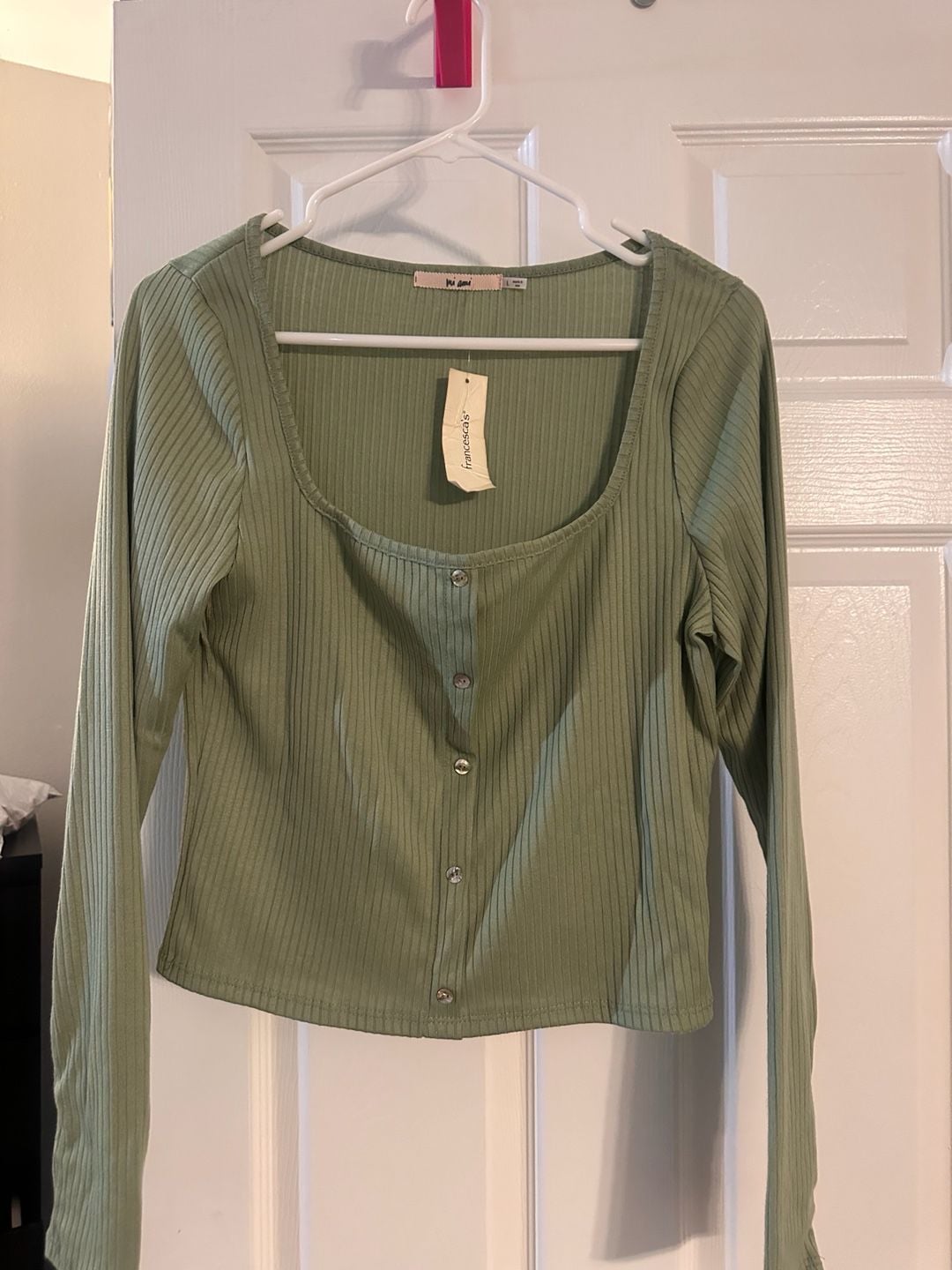 Mi Ami Long Sleeve Top Size L Green Ribbed Square Neck Button Front 2