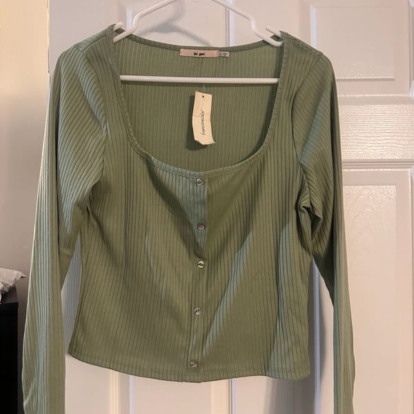 Mi Ami Long Sleeve Top Size L Green Ribbed Square Neck Button Front