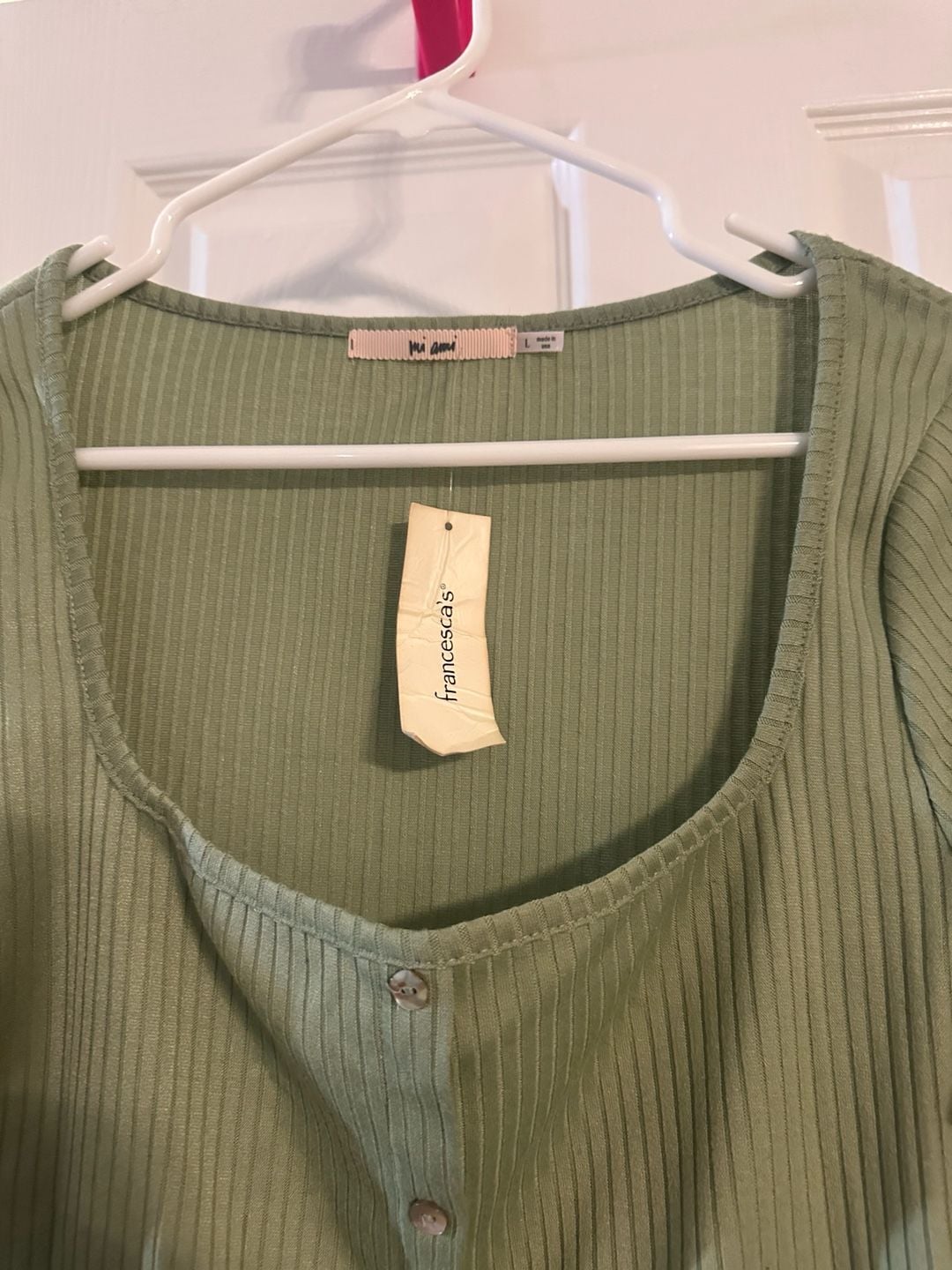 Mi Ami Long Sleeve Top Size L Green Ribbed Square Neck Button Front 3