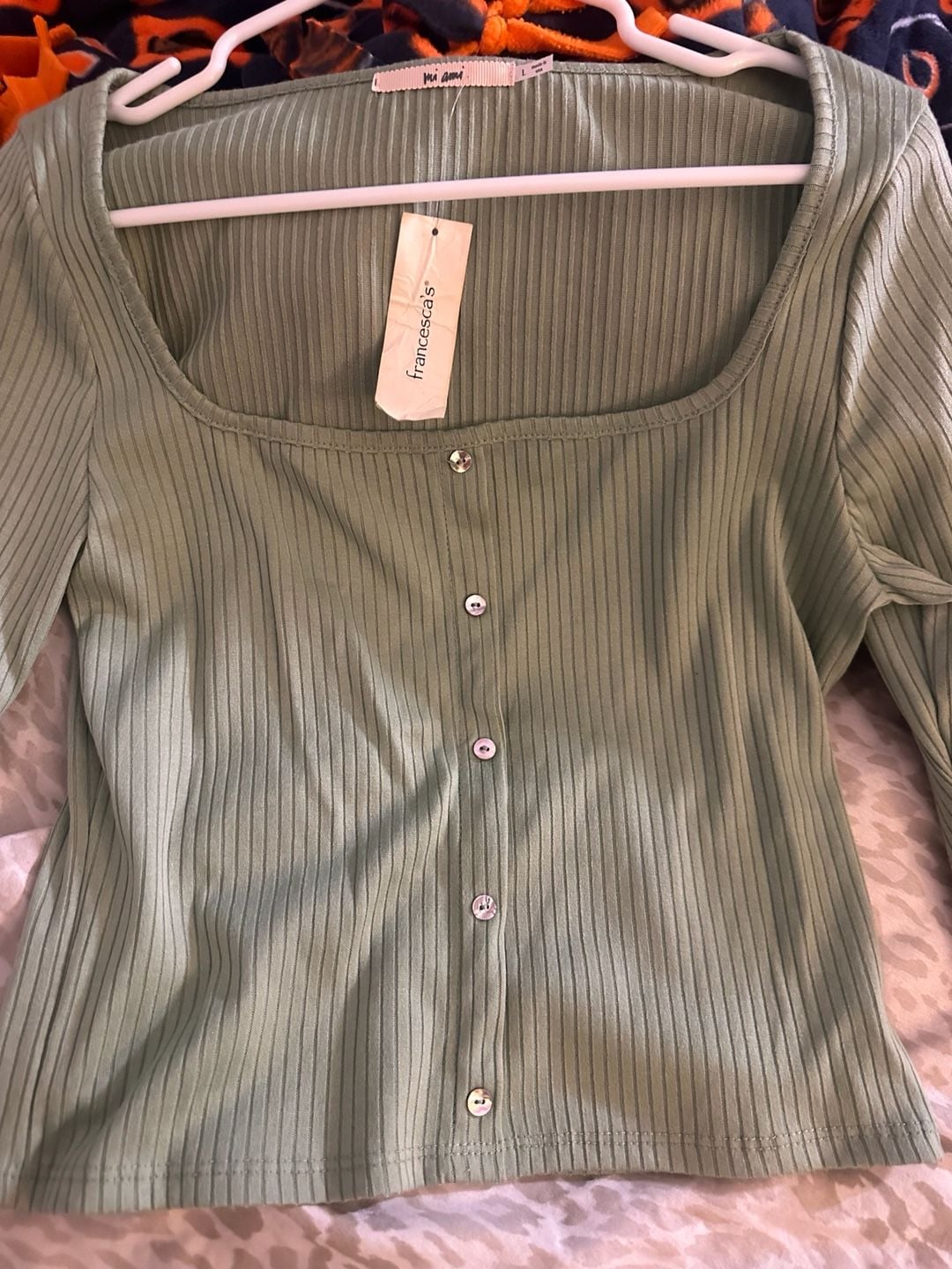 Mi Ami Long Sleeve Top Size L Green Ribbed Square Neck Button Front 6