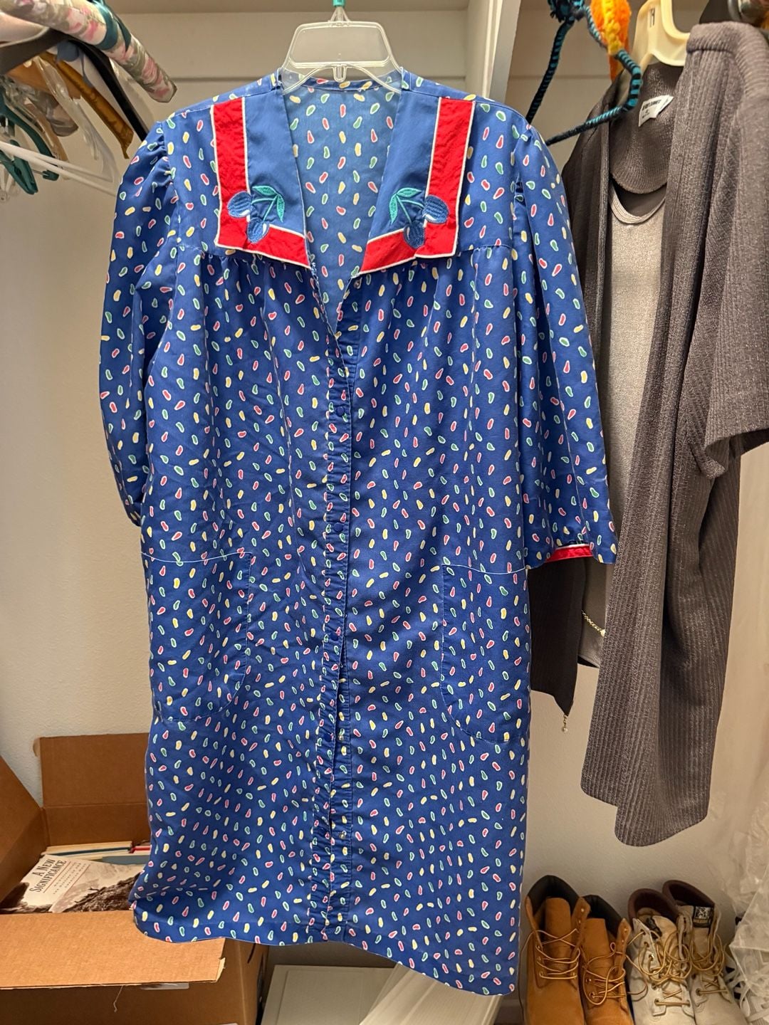 Vintage House Dress Blue Confetti Print Size L 2