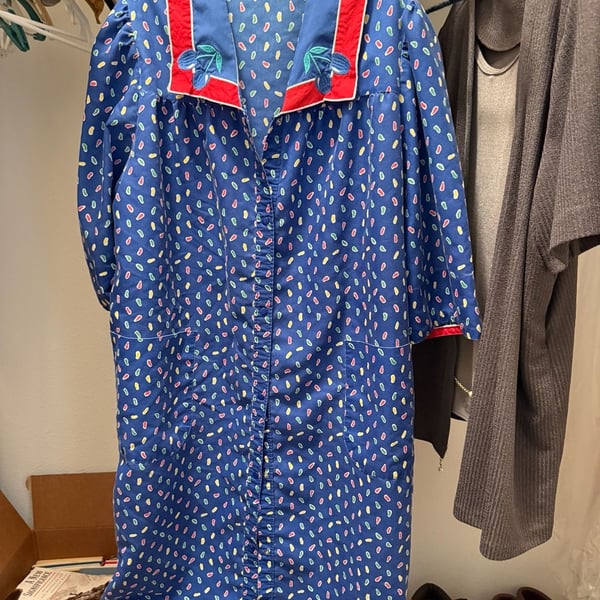Vintage House Dress Blue Confetti Print Size L