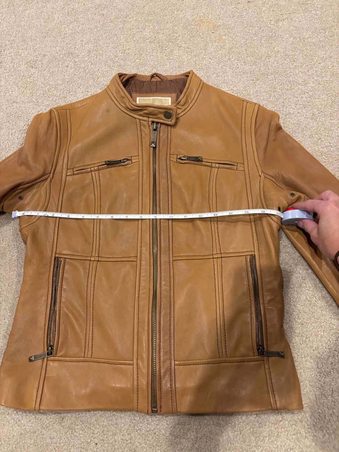 MICHAEL Michael Kors 100% Genuine Leather Moto Jacket Size Medium Cognac Tan 7