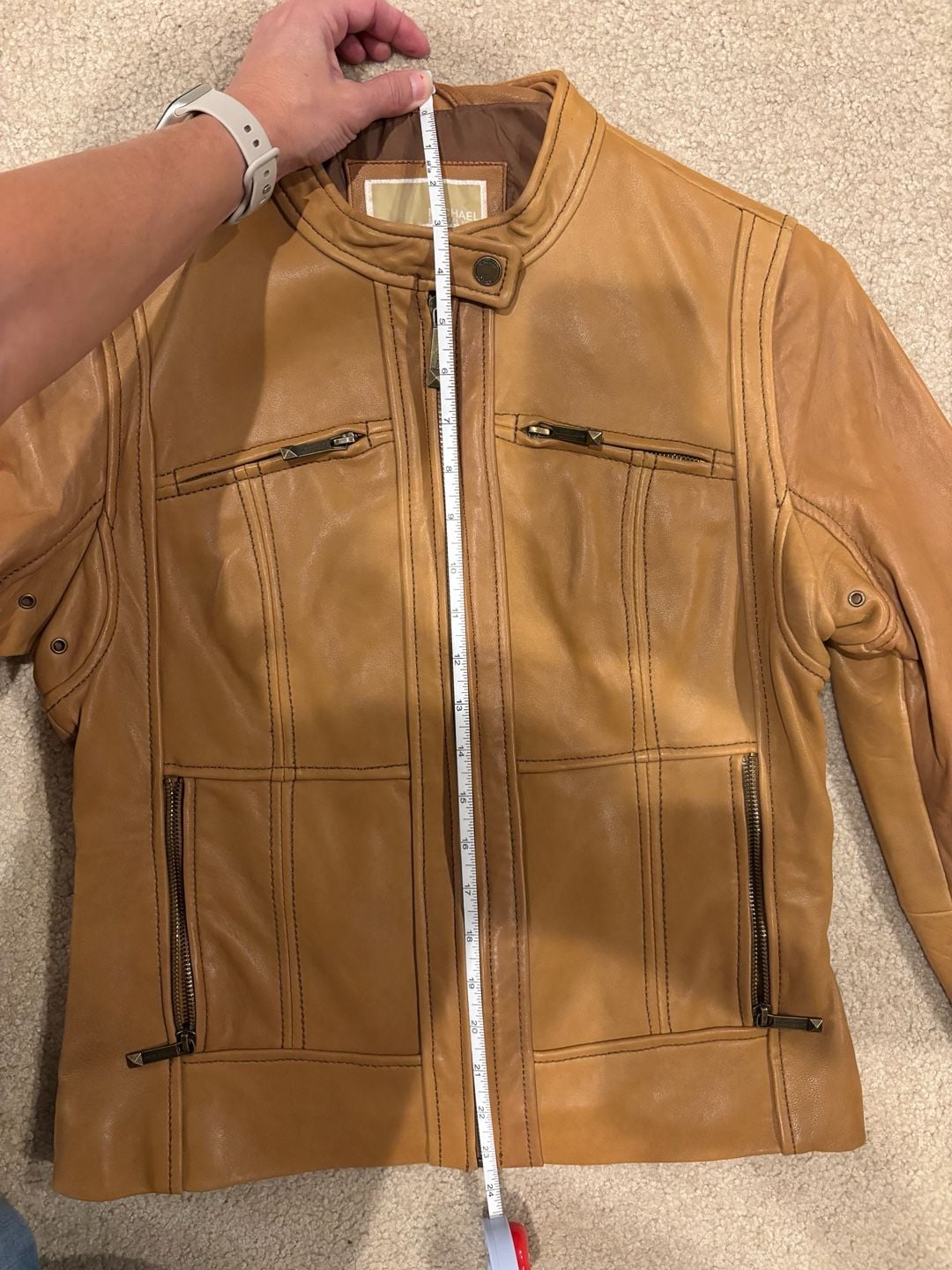 MICHAEL Michael Kors 100% Genuine Leather Moto Jacket Size Medium Cognac Tan 8