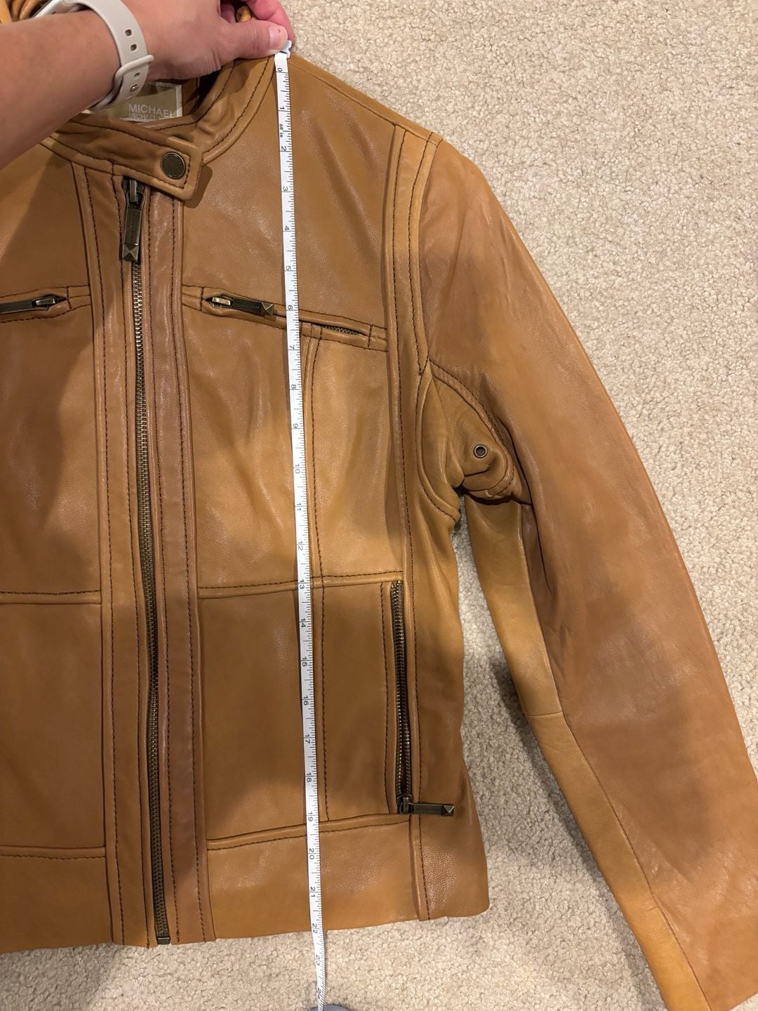 MICHAEL Michael Kors 100% Genuine Leather Moto Jacket Size Medium Cognac Tan 9