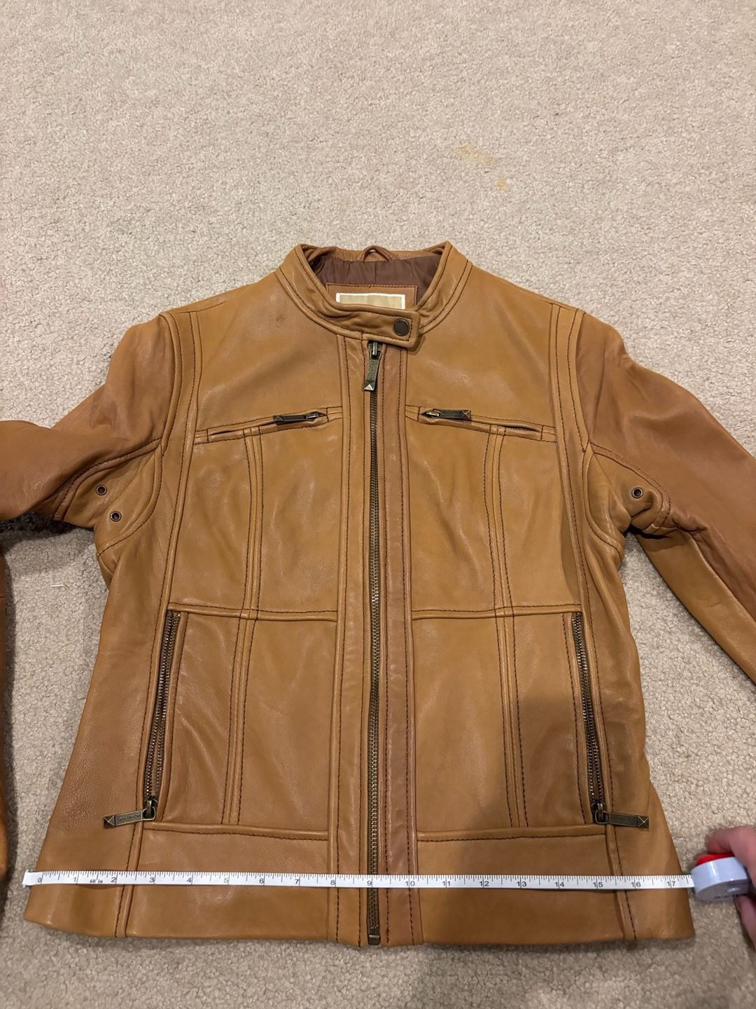 MICHAEL Michael Kors 100% Genuine Leather Moto Jacket Size Medium Cognac Tan 12