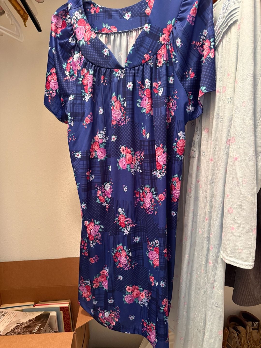 Casual Nights Short Sleeve Muumuu Lounger Dress Navy Floral 2