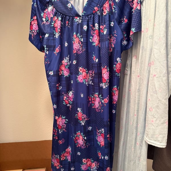 Casual Nights Short Sleeve Muumuu Lounger Dress Navy Floral