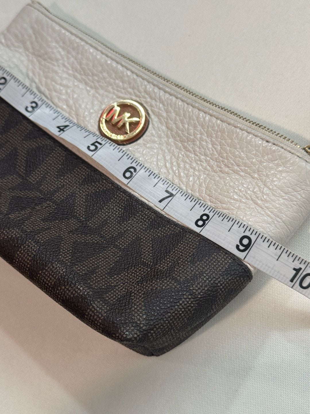 Michael Kors Signature Logo Brown White Leather Wristlet Clutch 6