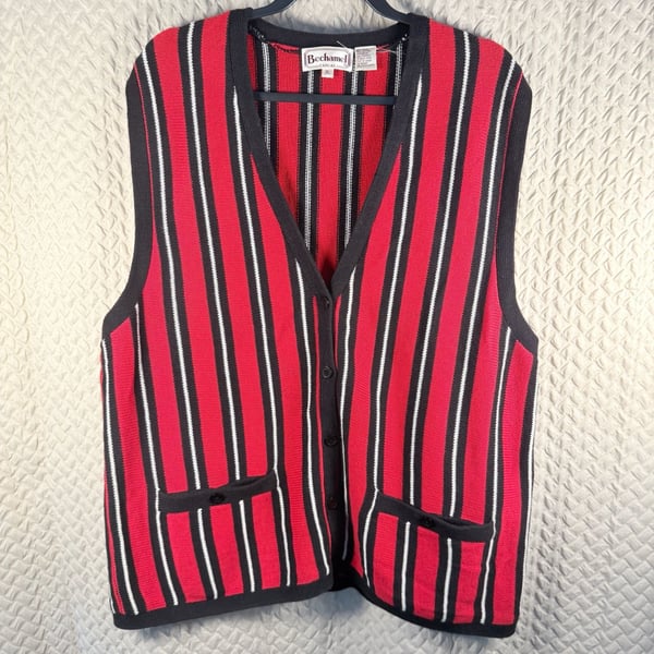 Bechamel Casual Striped Sweater Vest Size XL Red Black White Button Front