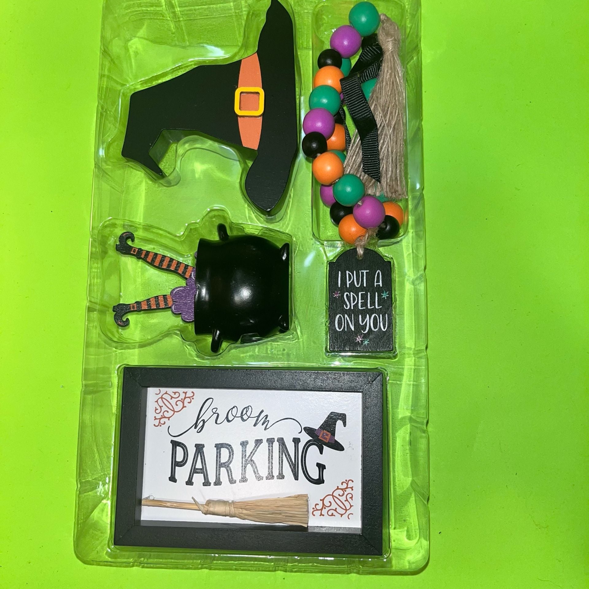 Halloween Witch Tray Decor Set Broom Parking Hat Cauldron Bead Garland mini
 11