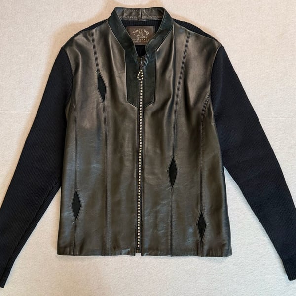 Ying Ying of Nevada Women’s Black Leather Knit Rhinestone Jacket Small