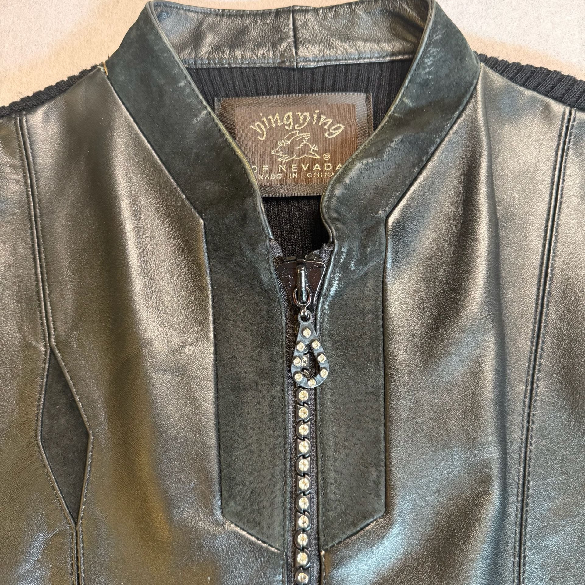 Ying Ying of Nevada Women’s Black Leather Knit Rhinestone Jacket Small 8
