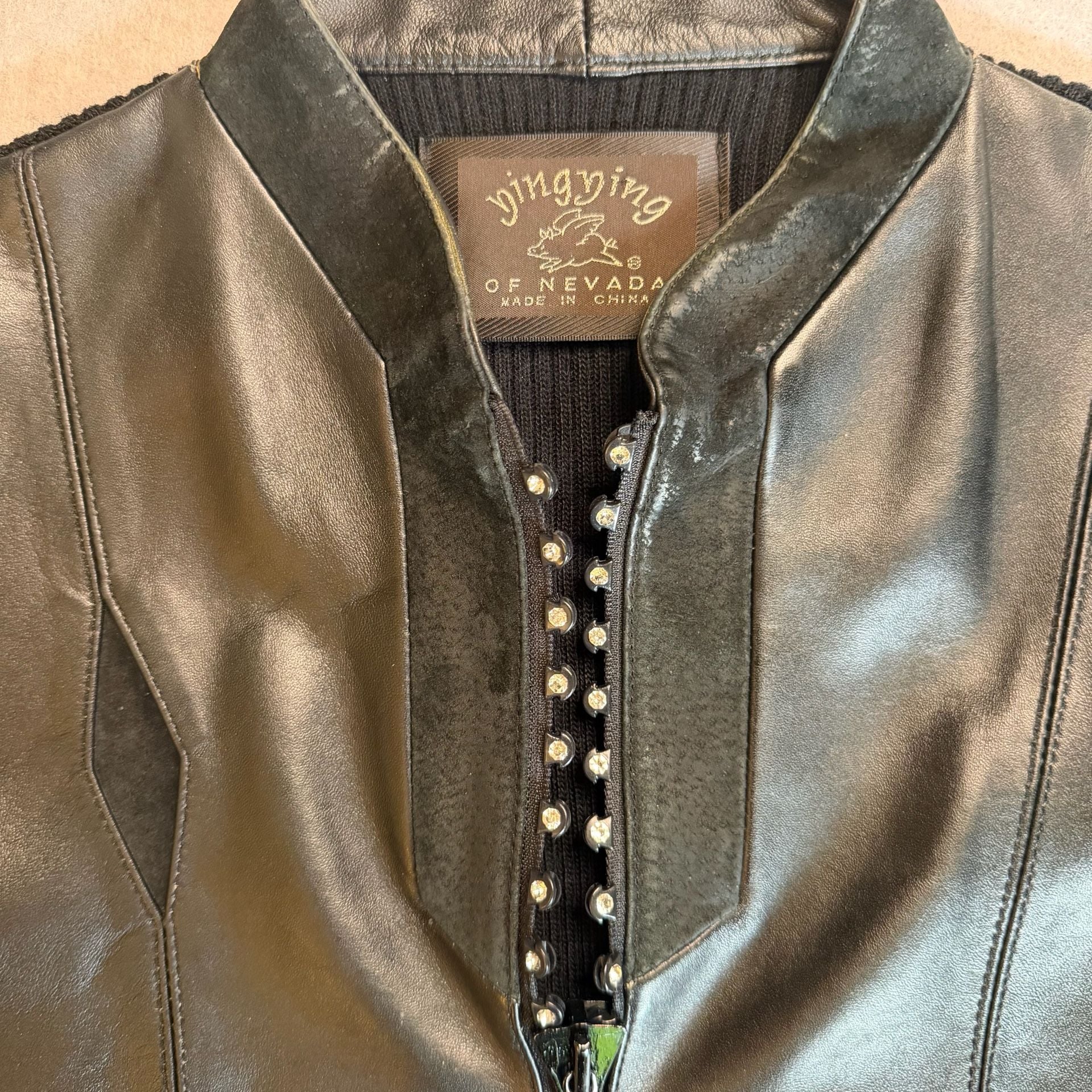 Ying Ying of Nevada Women’s Black Leather Knit Rhinestone Jacket Small 9