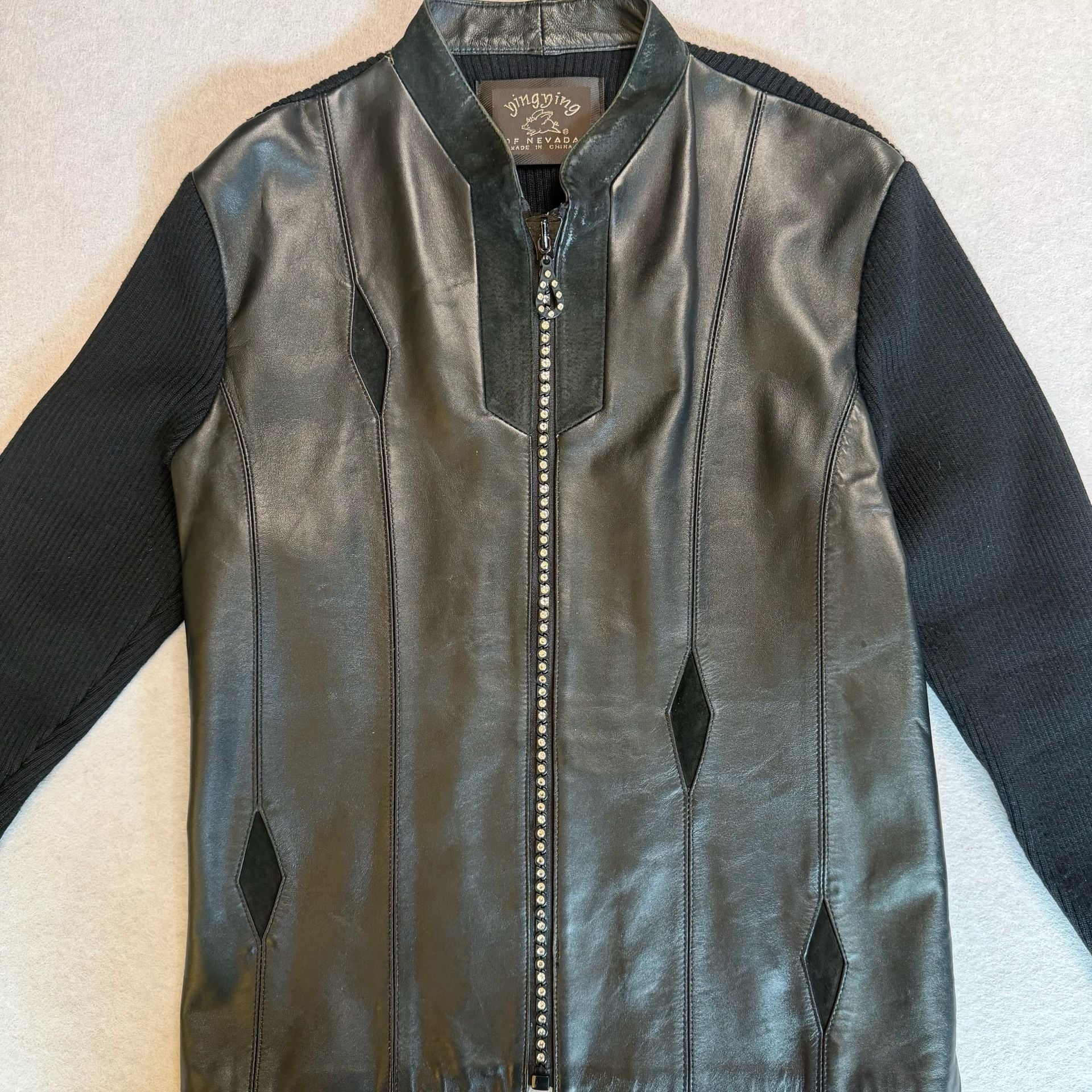 Ying Ying of Nevada Women’s Black Leather Knit Rhinestone Jacket Small 11