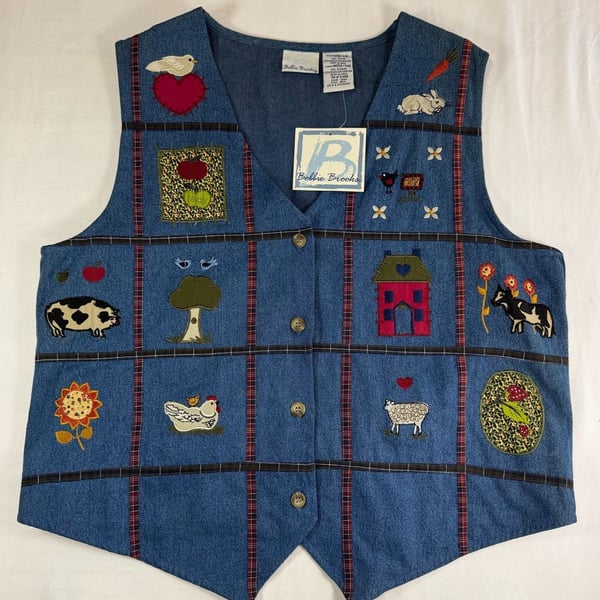 NWT vintage Bobbie Brooks Embroidered cottagecore farm teacher Denim Vest M 