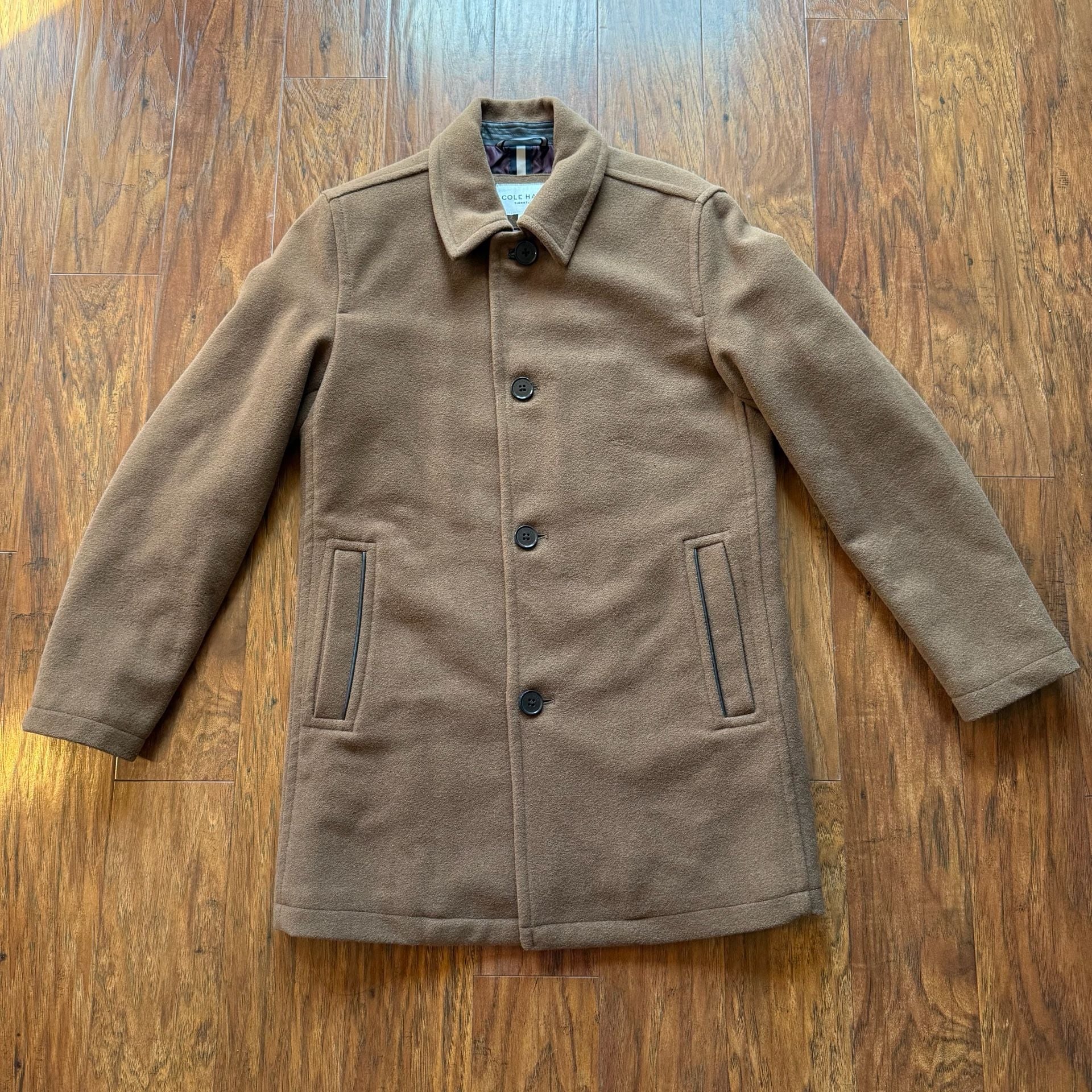 Cole Haan Signature Men’s Wool Blend Car Coat Camel Tan Jacket Quilt Lined Small 2