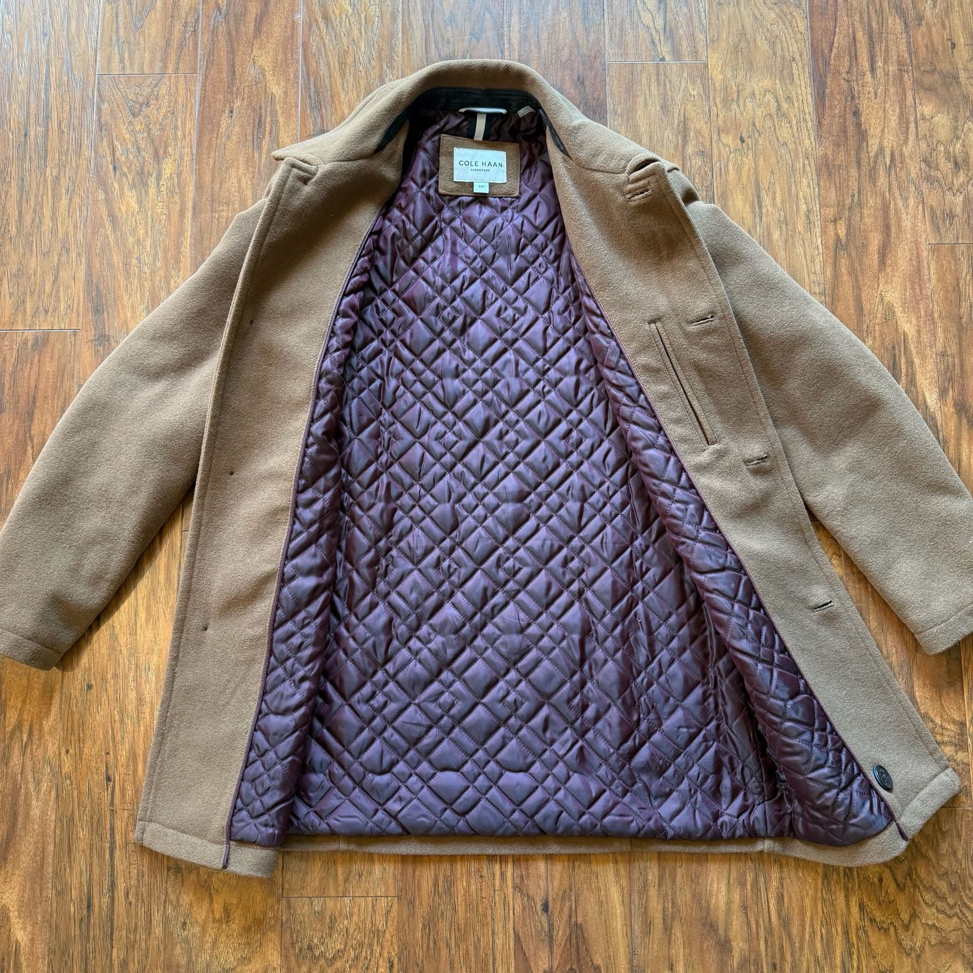 Cole Haan Signature Men’s Wool Blend Car Coat Camel Tan Jacket Quilt Lined Small 4