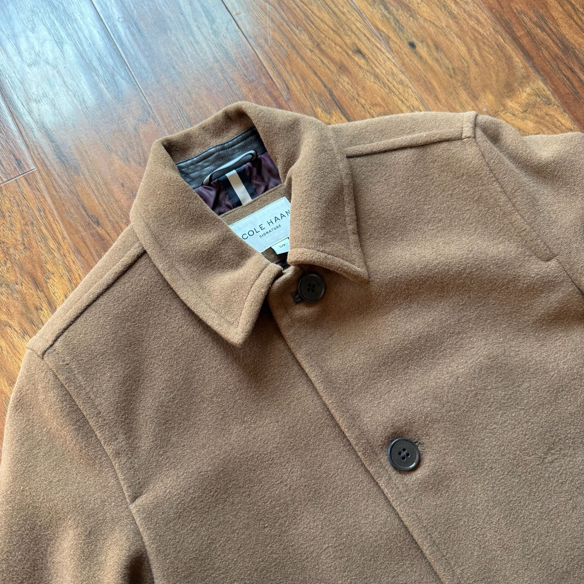 Cole Haan Signature Men’s Wool Blend Car Coat Camel Tan Jacket Quilt Lined Small 13