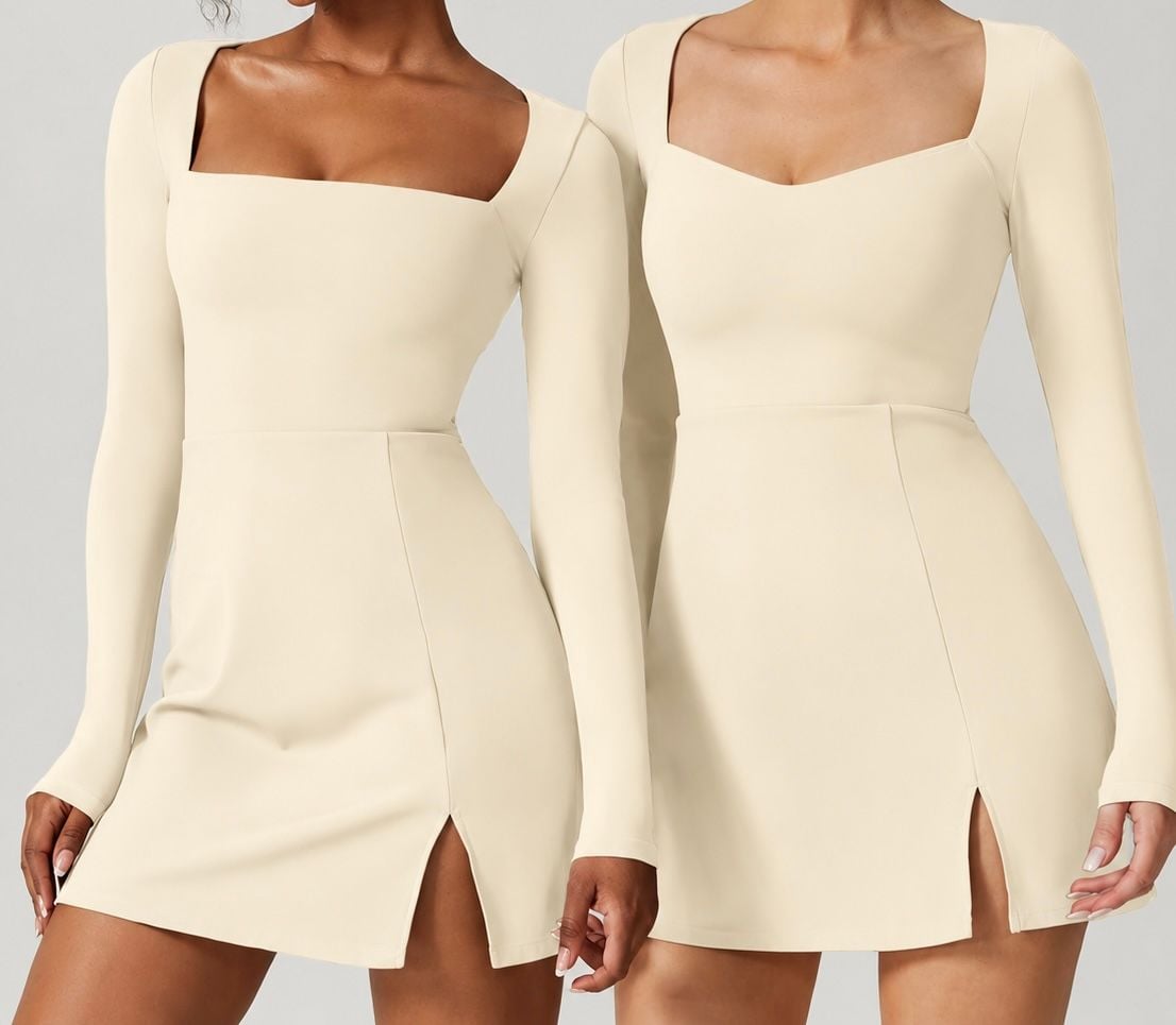 QINSEN Square Neck Long Sleeve Flare Dress 3