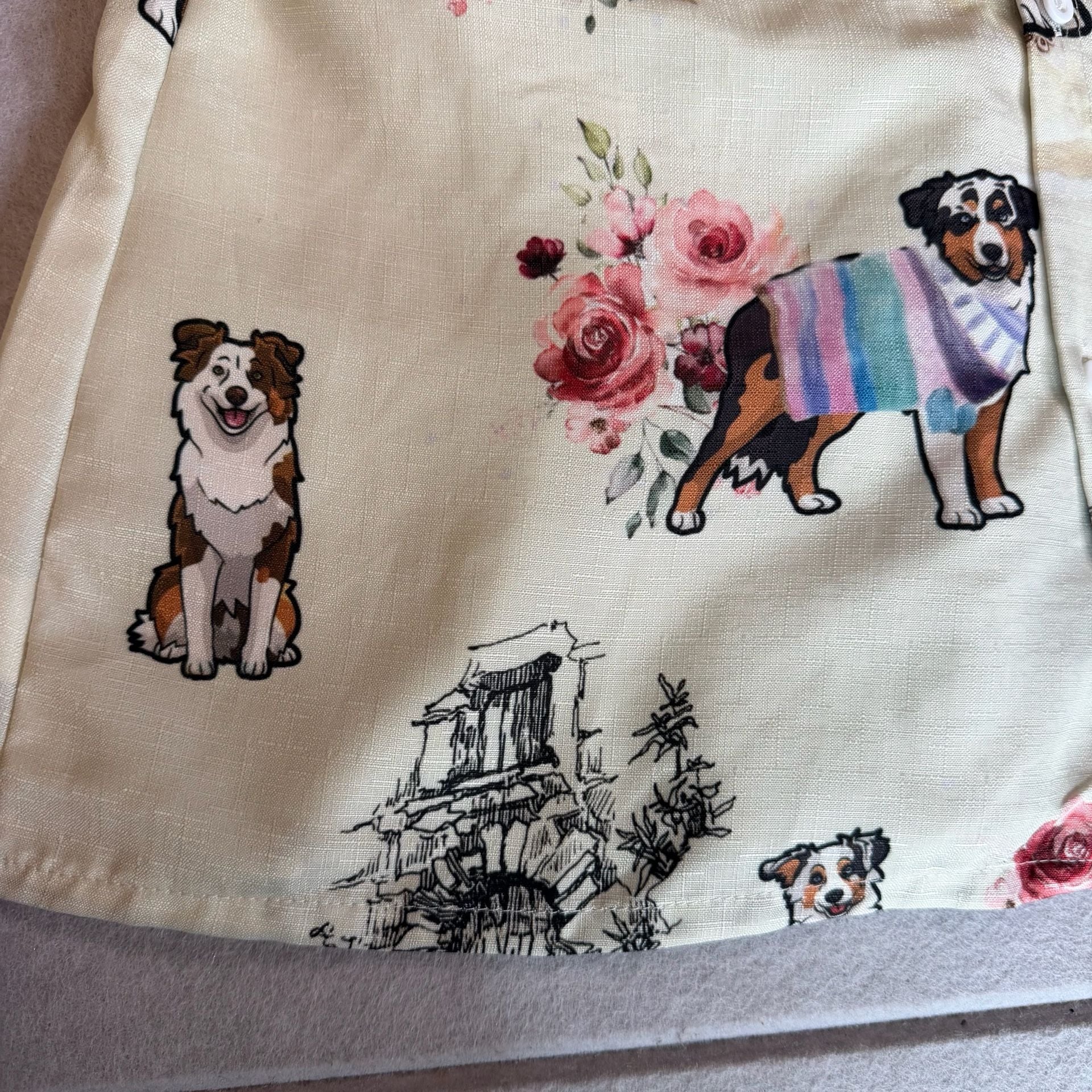 Australian Shepherd Dog Floral Women’s Button Up Shirt Long Sleeve Cream B5 9
