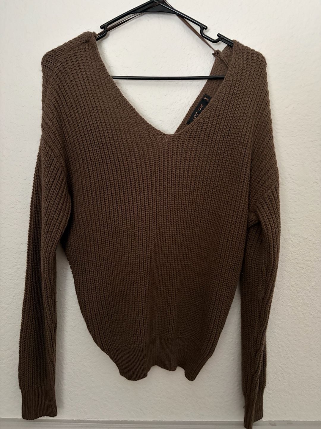 Love Tree Twist Knot Back Sweater Brown V-Neck Knit Pullover 2