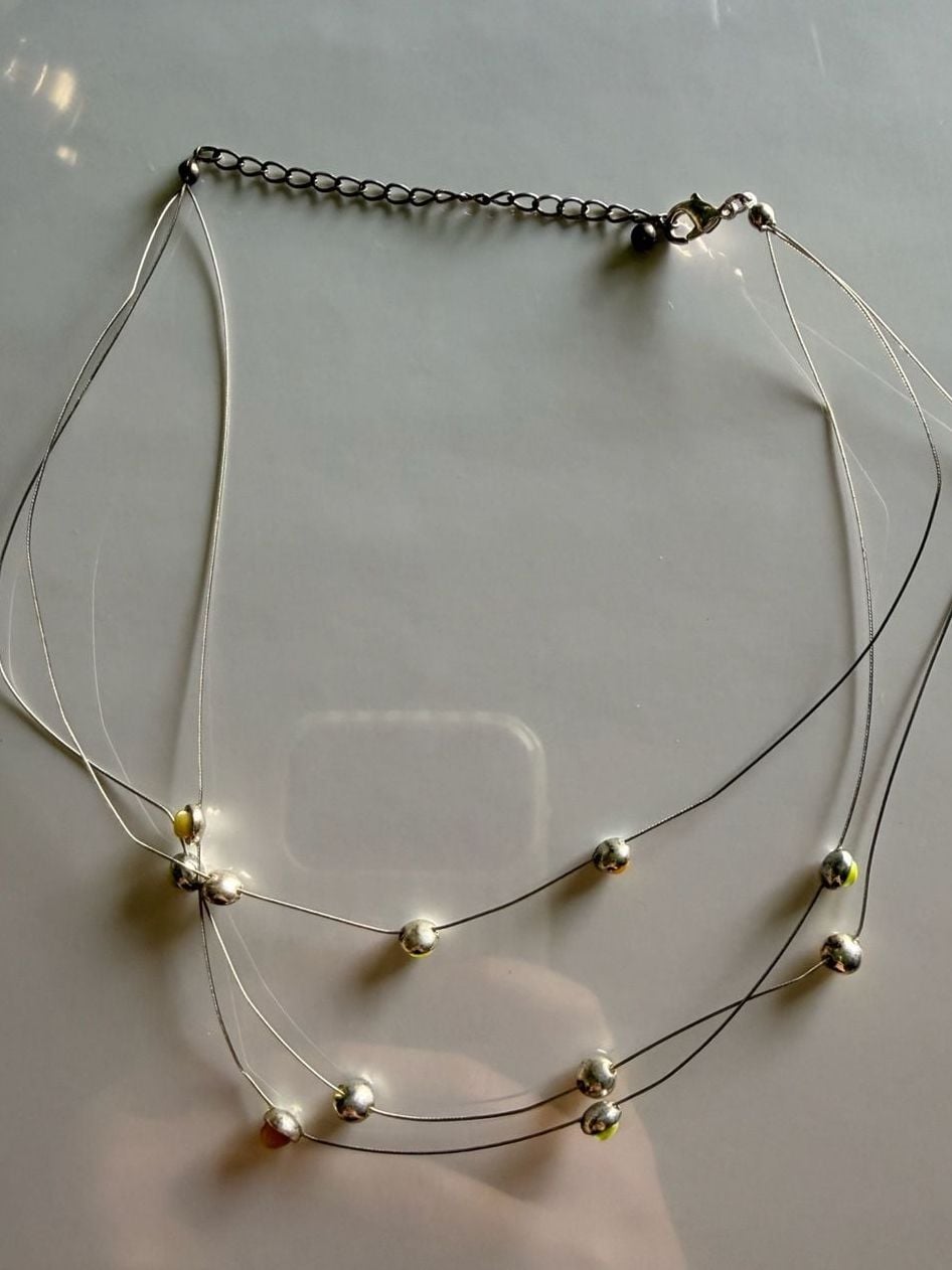 Vintage Multistrand Wire Necklace Yellow Silver Beads 2