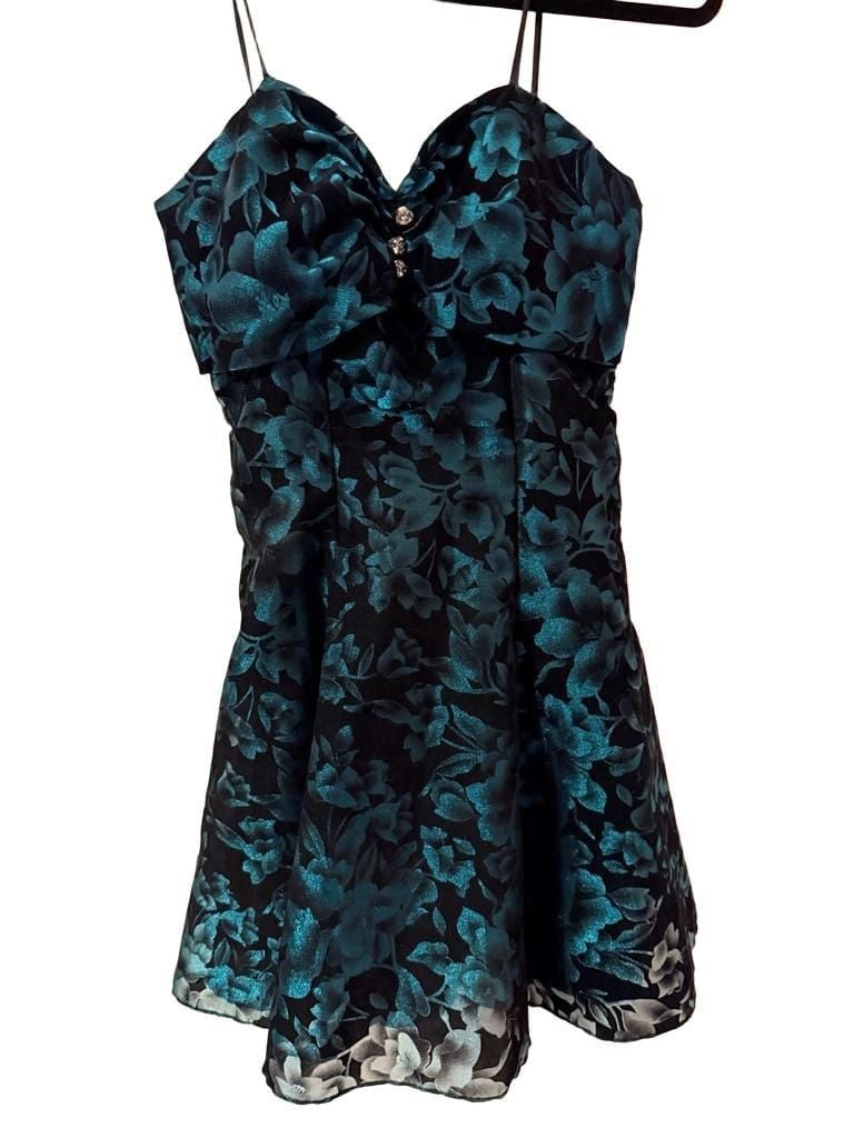 Michele Vincent Velvet Mini Dress Size 7/8 Black Teal Floral Prom Fairy Goth 2