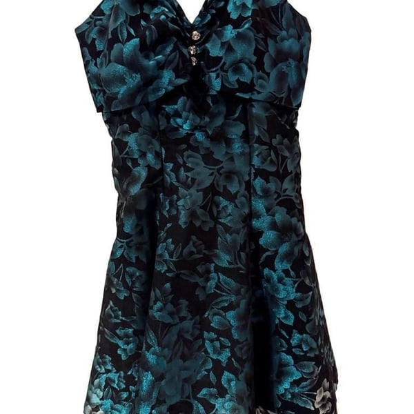 Michele Vincent Velvet Mini Dress Size 7/8 Black Teal Floral Prom Fairy Goth