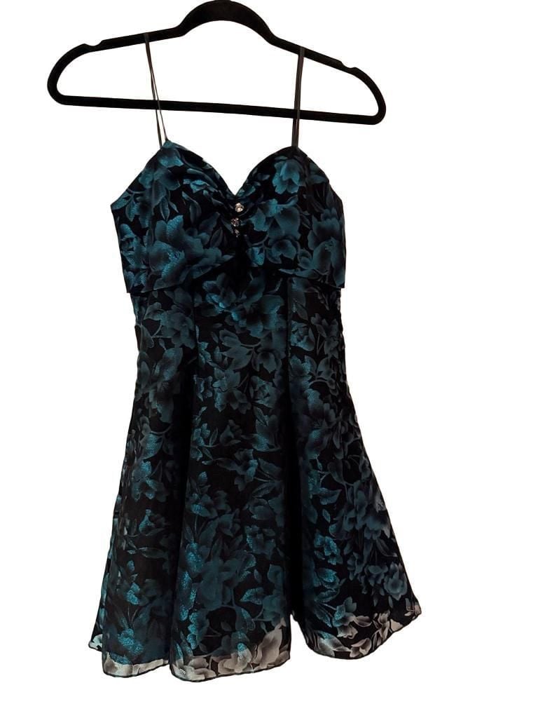 Michele Vincent Velvet Mini Dress Size 7/8 Black Teal Floral Prom Fairy Goth 6