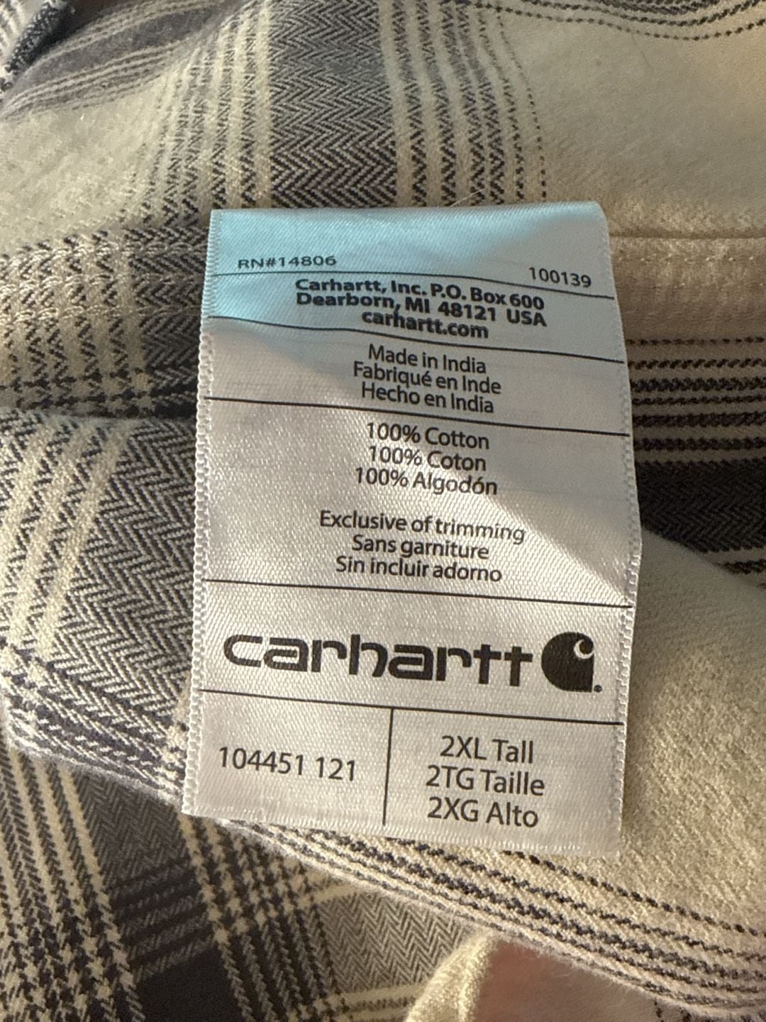 Carhartt Plaid Flannel Shirt Size 2XL Tall Cream Black Long Sleeve 8