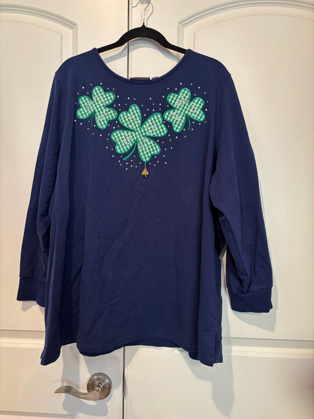 Quacker Factory Shamrock Top Size 3X Blue Long Sleeve Rhinestone Saint Pat 2
