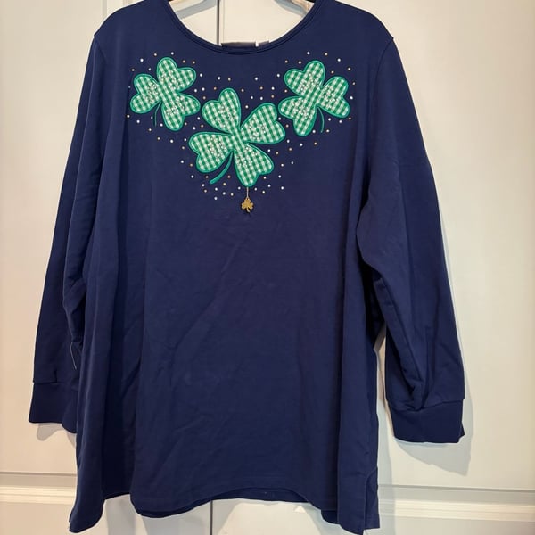 Quacker Factory Shamrock Top Size 3X Blue Long Sleeve Rhinestone Saint Pat
