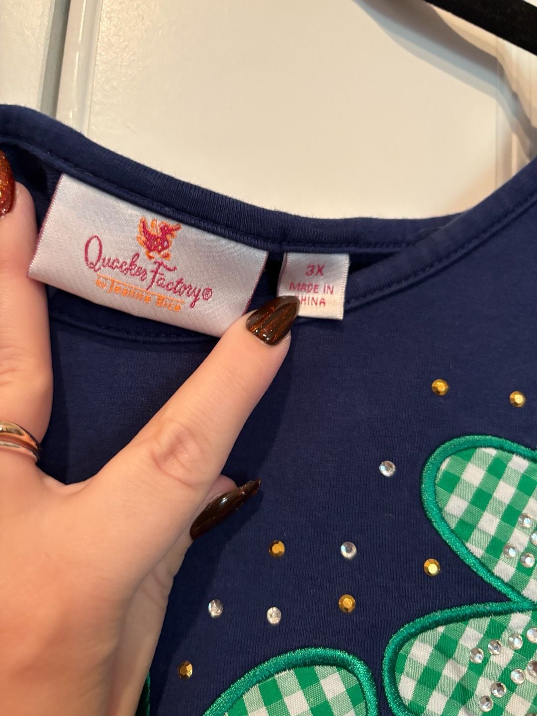Quacker Factory Shamrock Top Size 3X Blue Long Sleeve Rhinestone Saint Pat 4