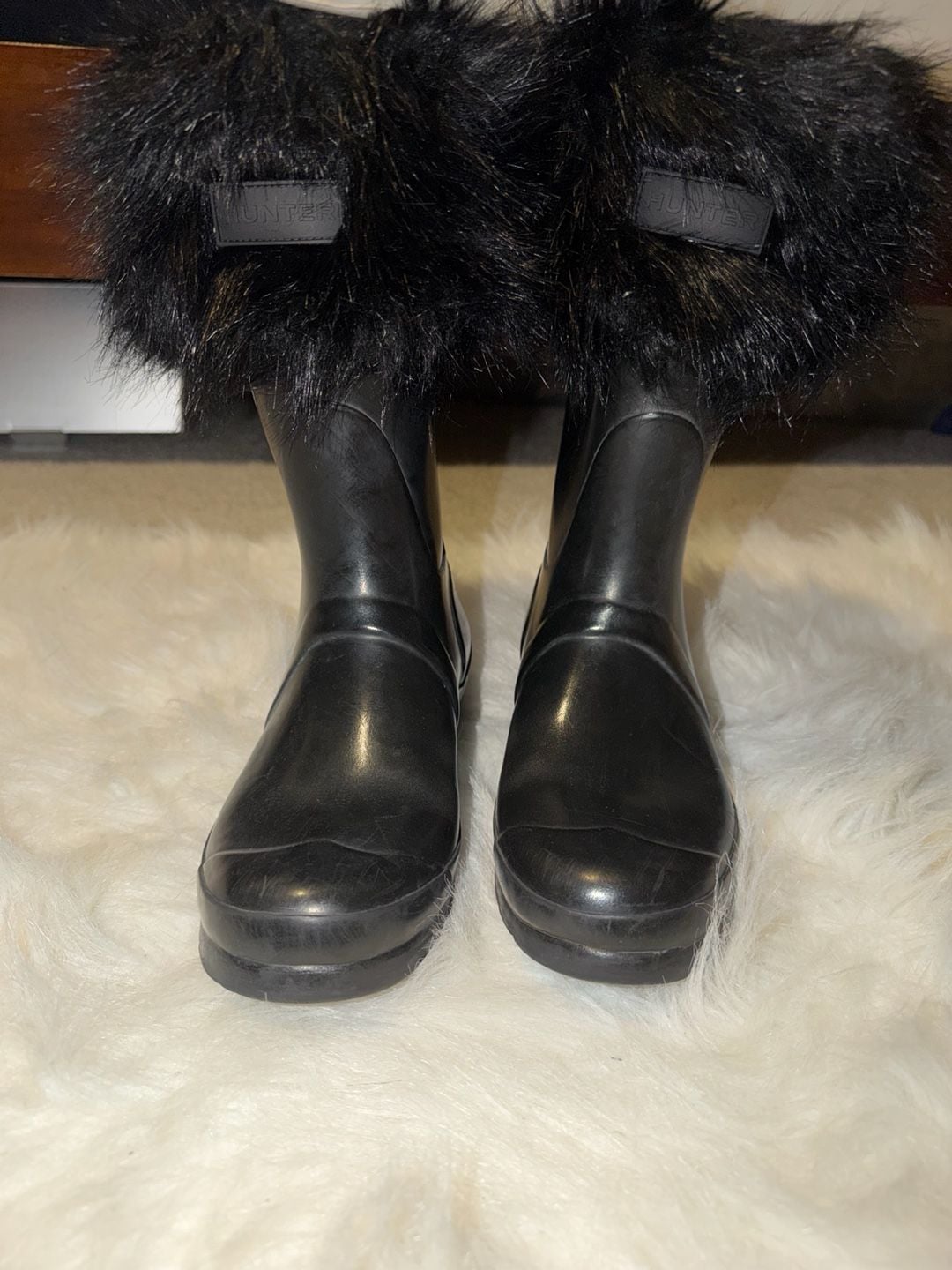 Hunter Boots Faux Fur Cuff Short Rain Boots Black Size US 8 2