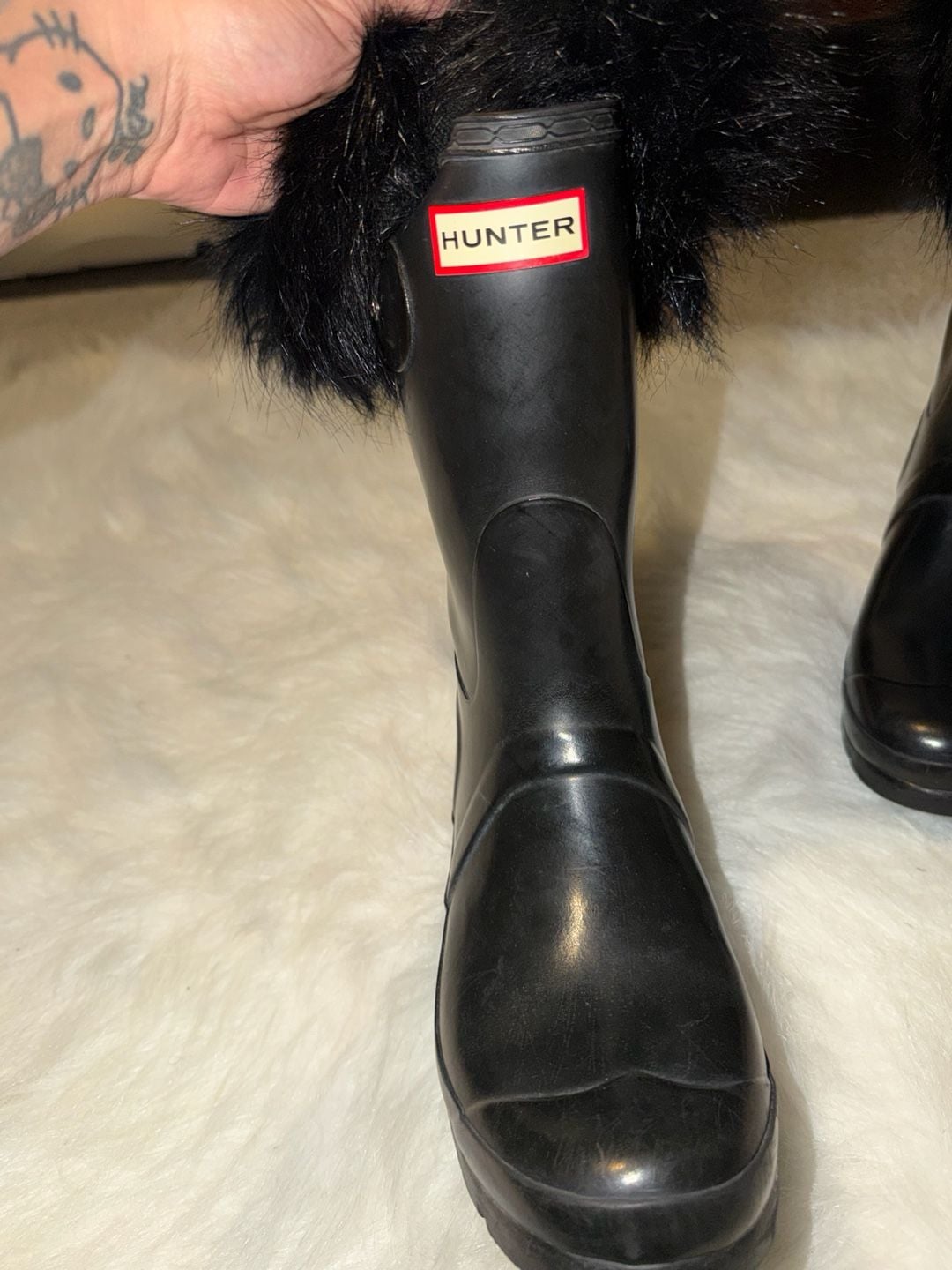 Hunter Boots Faux Fur Cuff Short Rain Boots Black Size US 8 3