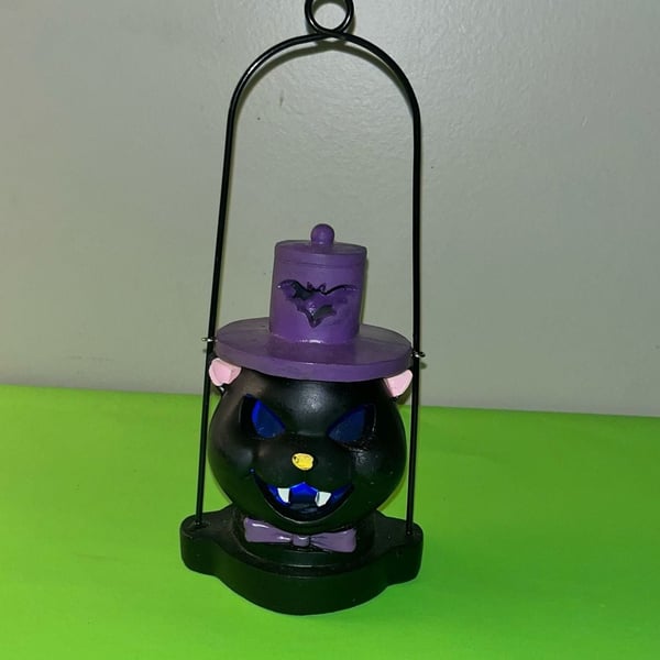 Halloween Black Cat Light Up Lantern Purple Hat Bat Metal Handle