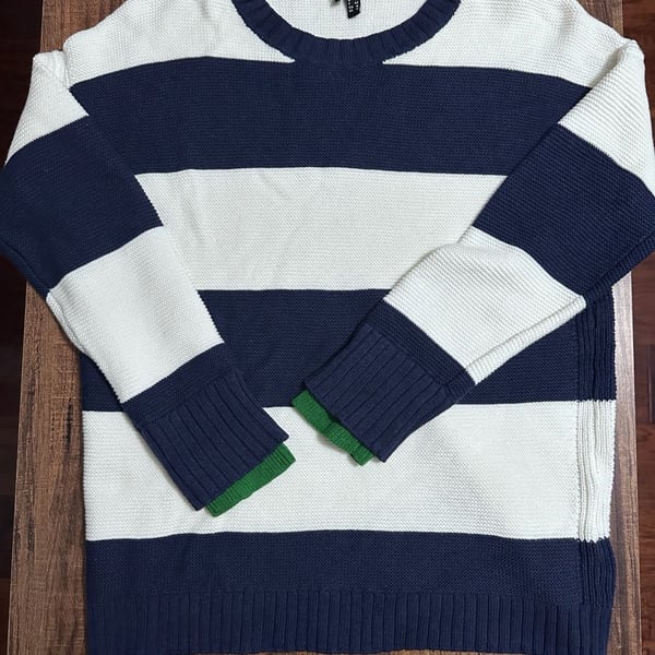 Marble Striped Sweater Size M Blue White Green Cotton Knit Crewneck