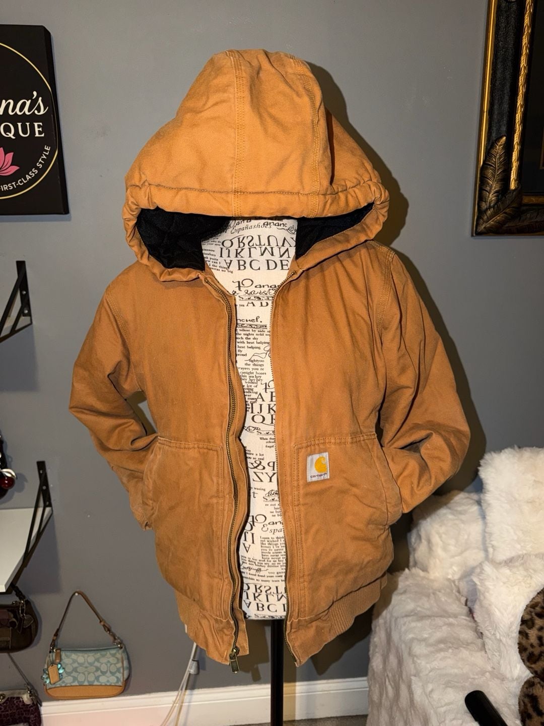 Carhartt Quilted Lined Hooded Jacket Size M 10-12 Brown Canvas 2