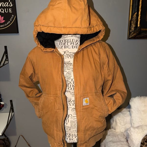 Carhartt Quilted Lined Hooded Jacket Size M 10-12 Brown Canvas