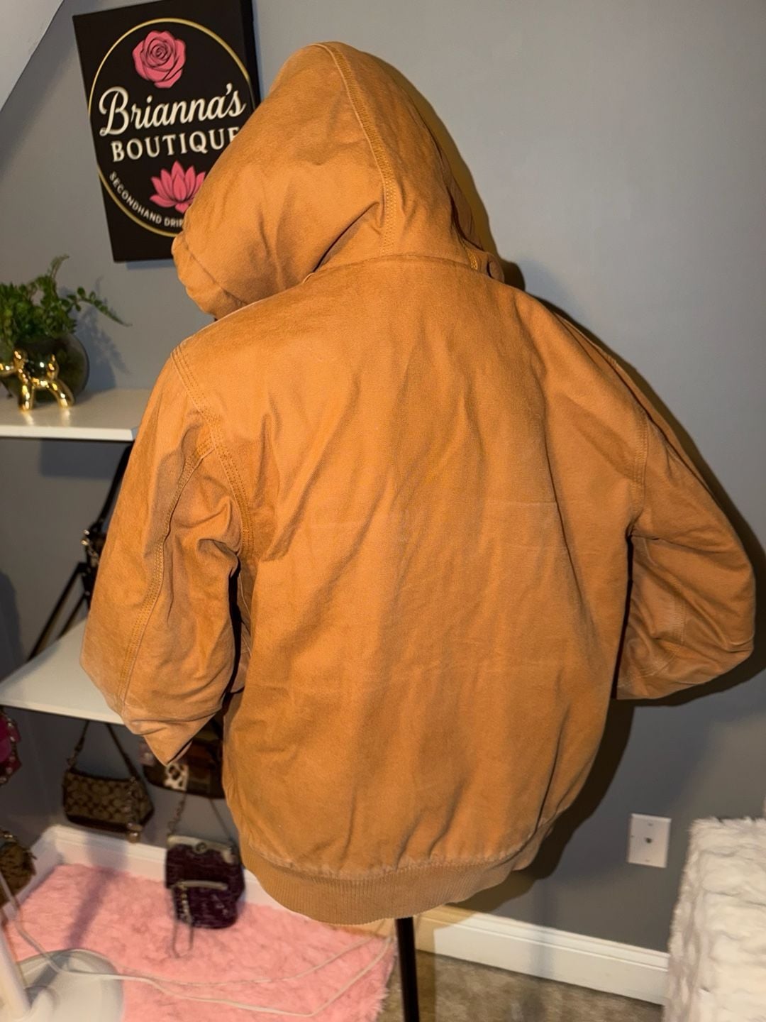 Carhartt Quilted Lined Hooded Jacket Size M 10-12 Brown Canvas 3