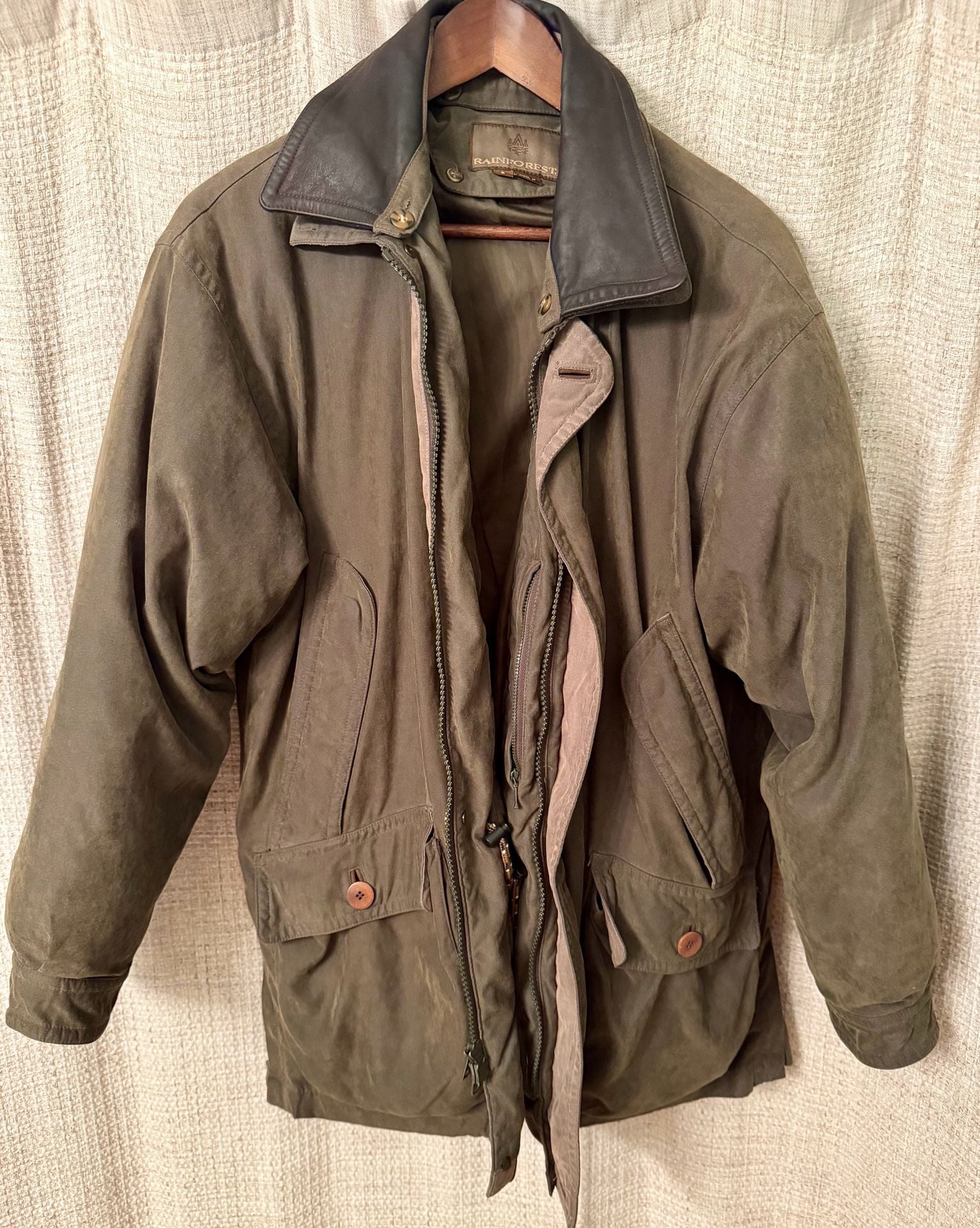Rainforest Jacket Size S Down Fill zip out liner and removable Leather Collar Olive Green 2
