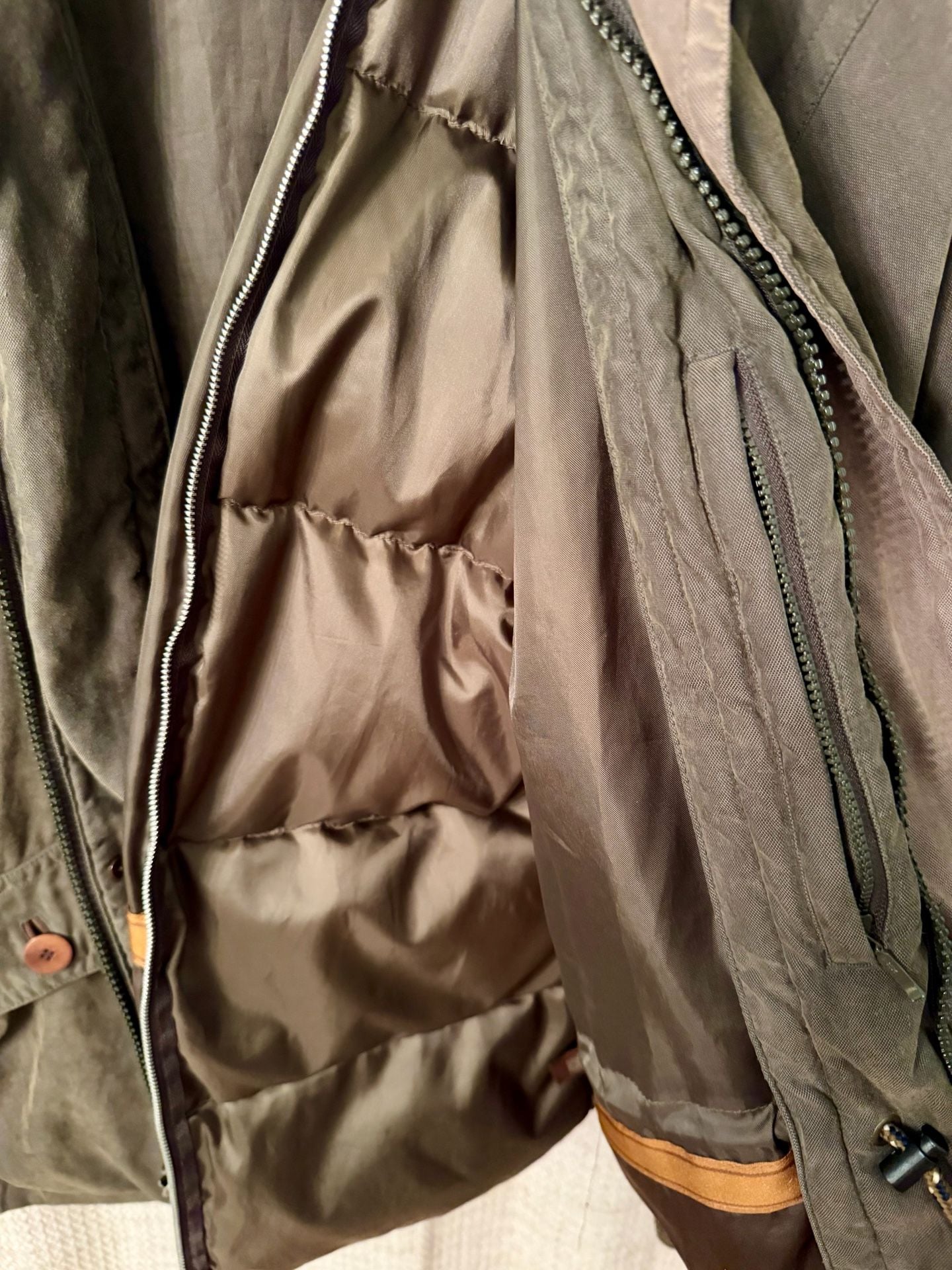 Rainforest Jacket Size S Down Fill zip out liner and removable Leather Collar Olive Green 5