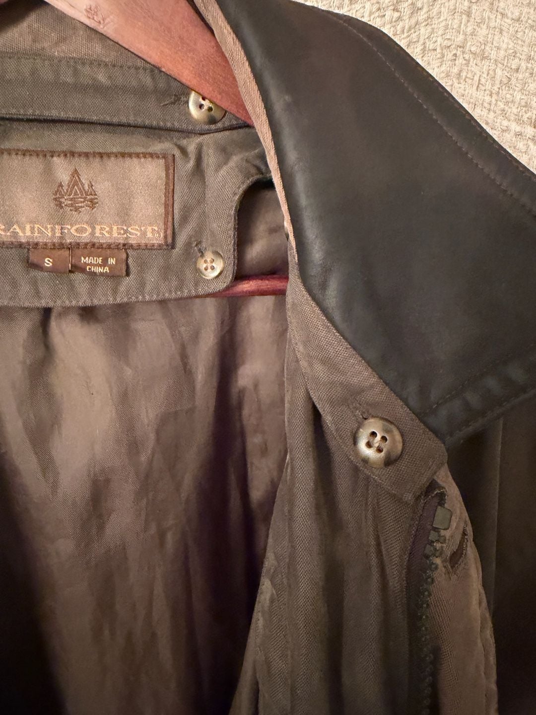 Rainforest Jacket Size S Down Fill zip out liner and removable Leather Collar Olive Green 7